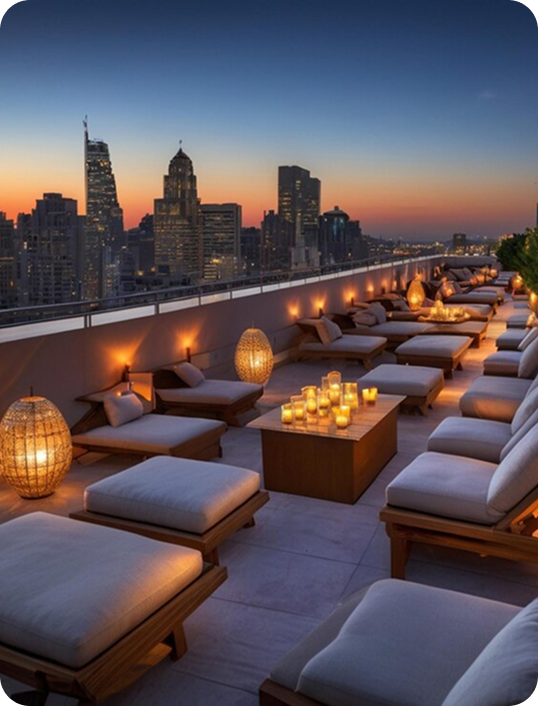 Elegant adults-only hotel rooftop lounge at sunset