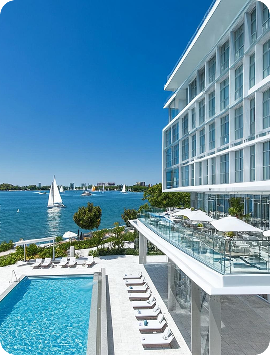 Luxury spa hotel with infinity pool overlooking the sea